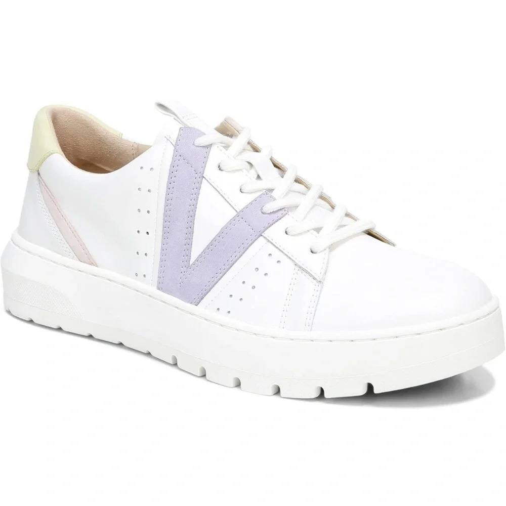 Vionic White Sneakers with Lavender V and Pastel Accents